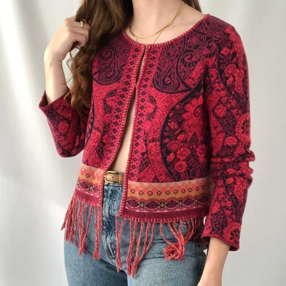 Stunning Vintage Cooi Knit Nordic Fringe Cropped Boho Cardigan Sweater Bohemian - Picture 5 of 9